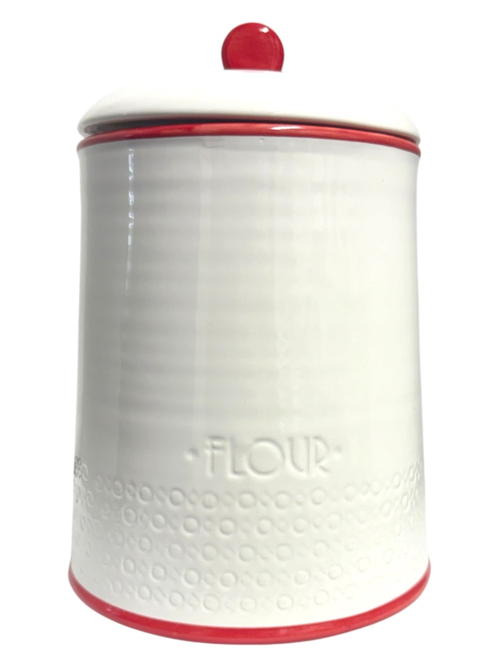 Anthropologie White Ceramic Flour Canister with Red Trim
